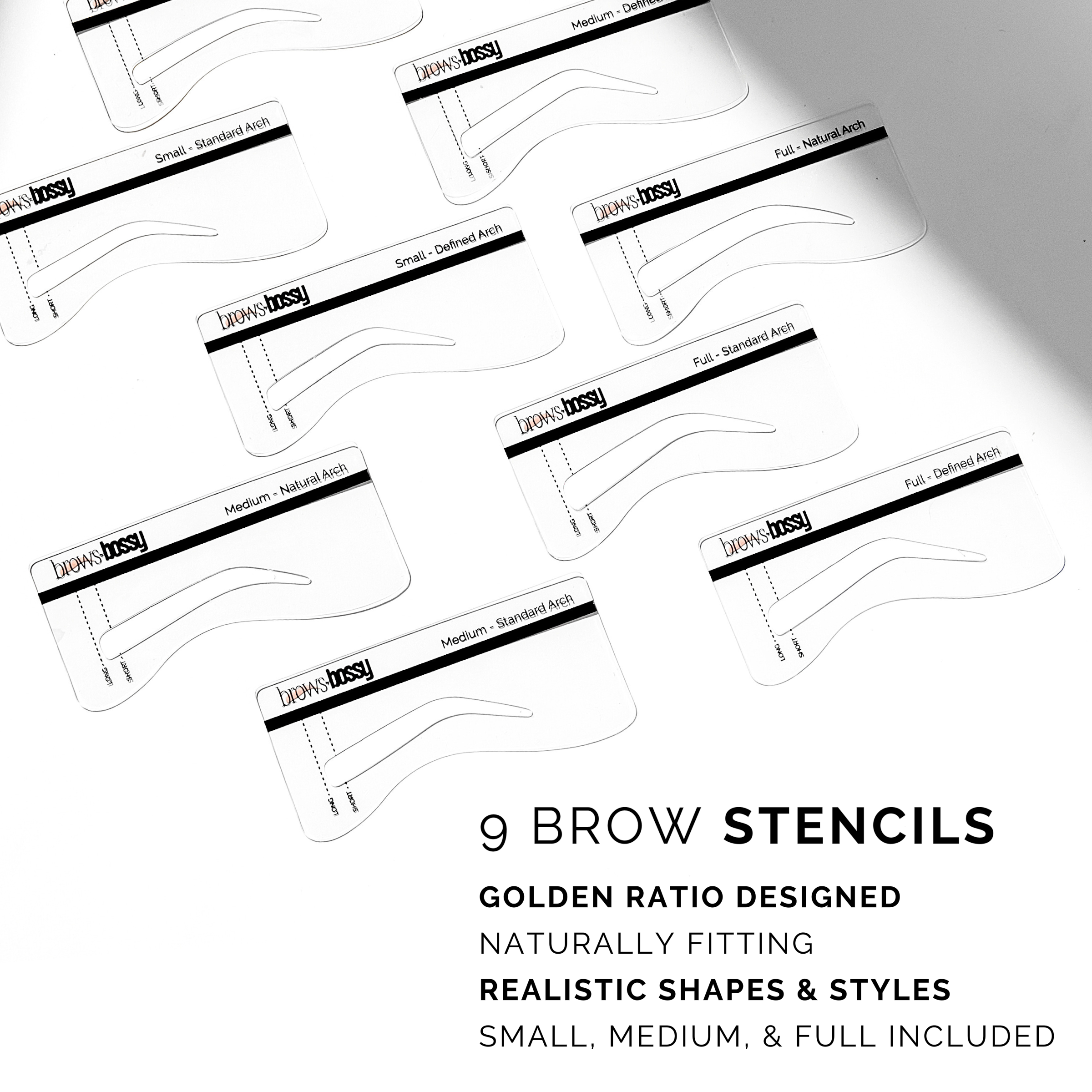 Stamp & Stencil Brow Set with 9 Brow Stencils for Perfect Eyebrows, Golden Ratio Designed, Realistic Shapes and Styles, Small, Medium, Full Included