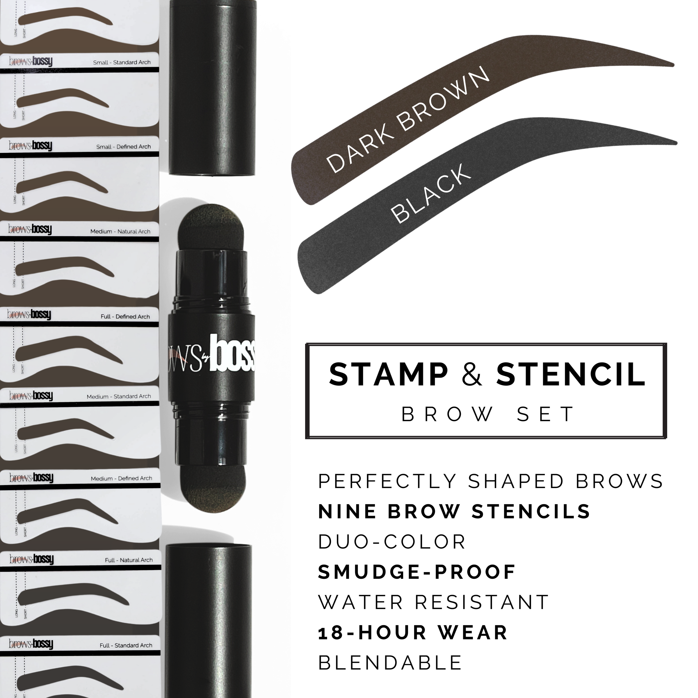 Stamp & Stencil Brow Set with Dark Brown and Black Colors, Nine Brow Stencils, Smudge-Proof, Water Resistant, 18-Hour Wear.