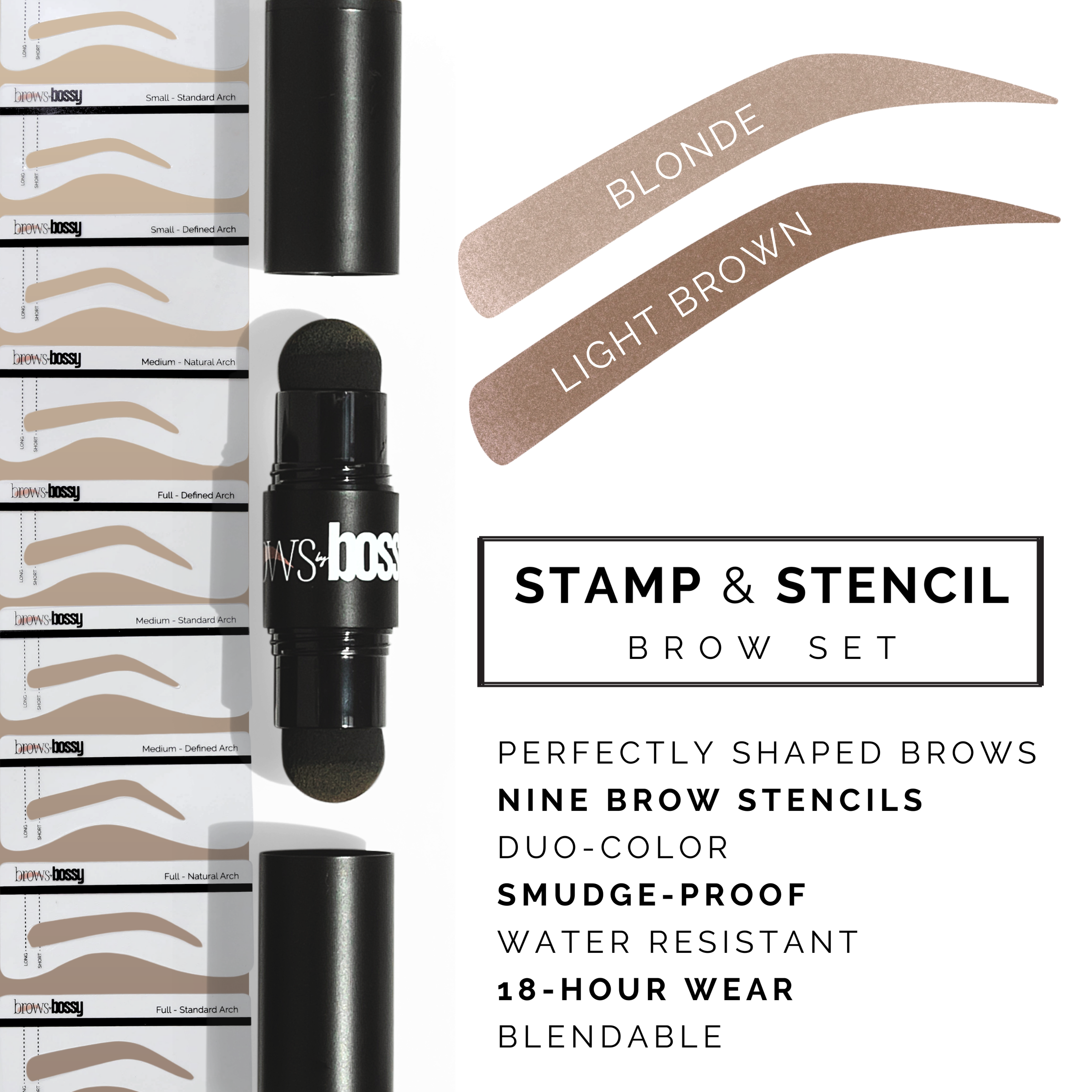 Stamp & Stencil Brow Set with nine brow stencils, duo-color eyebrow stamp, smudge-proof, water-resistant and 18-hour wear for perfect eyebrows