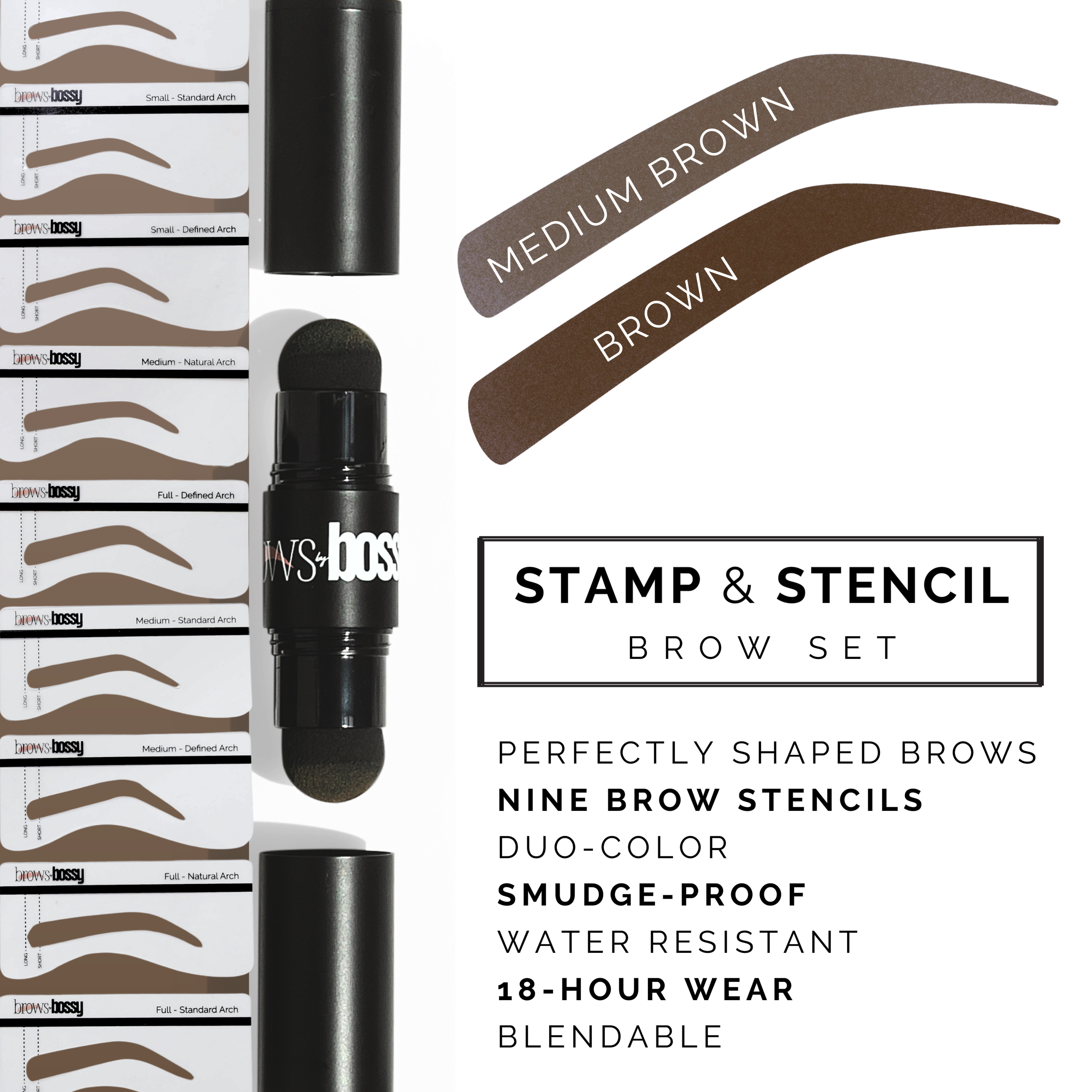 Stamp & Stencil Brow Set with nine brow stencils and duo-color options for perfect eyebrows. Smudge-proof, water-resistant, 18-hour wear.