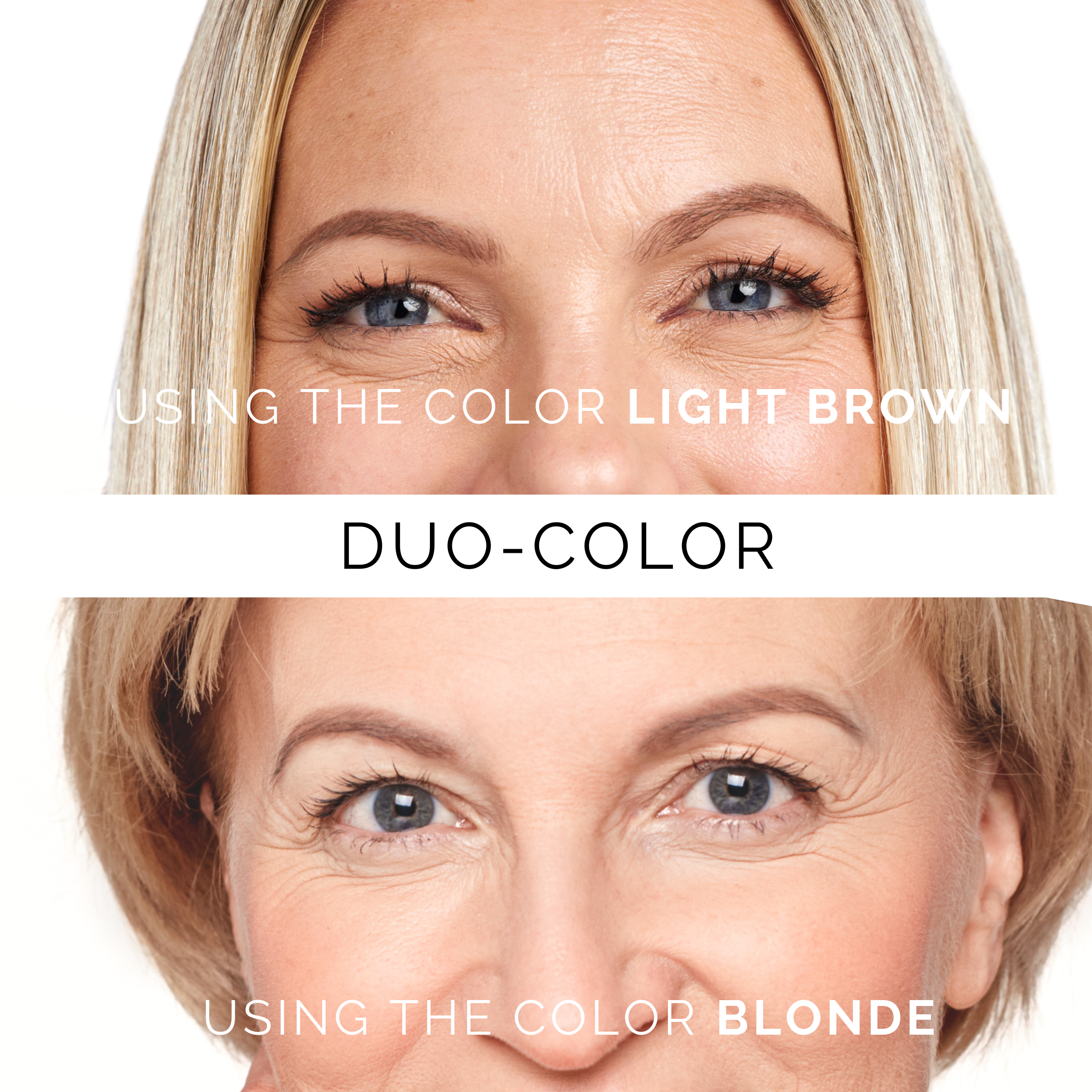 Two women showing perfect eyebrows using the eyebrow stamp and stencil kit in light brown and blonde colors.