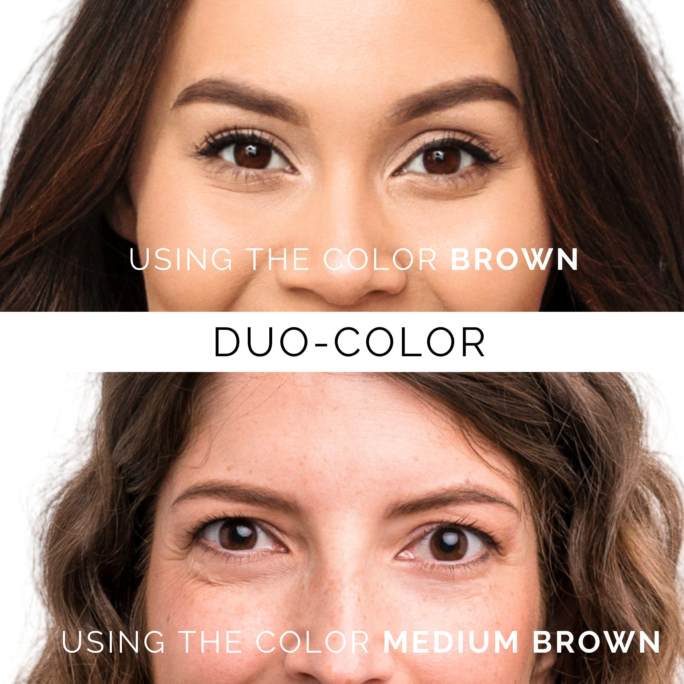 Women showcasing eyebrow colors in brown and medium brown from the Stamp & Stencil Brow Set duo-color kit.