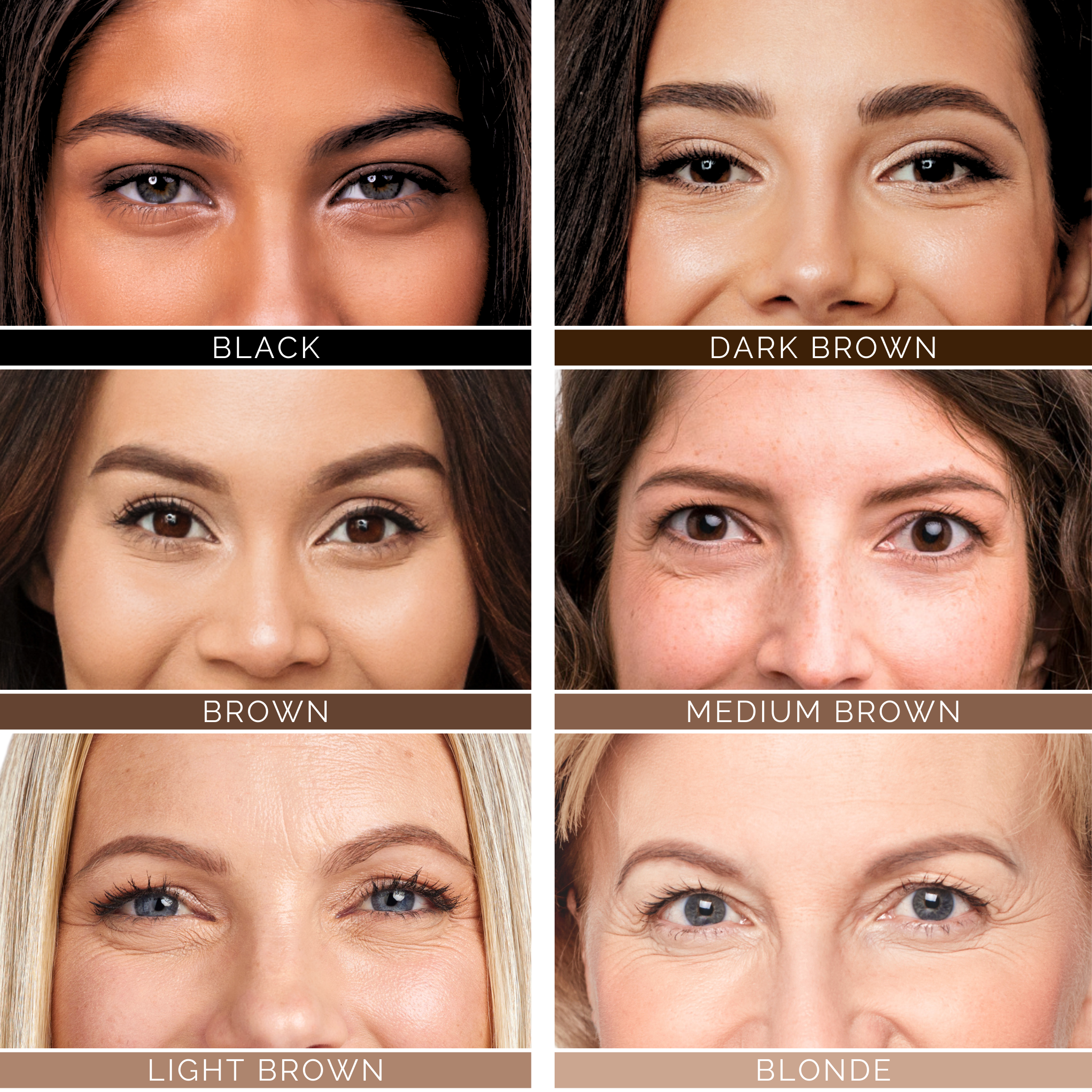 Eyebrow stamp and stencil kit color options: black, dark brown, brown, medium brown, light brown, blonde for perfect eyebrows